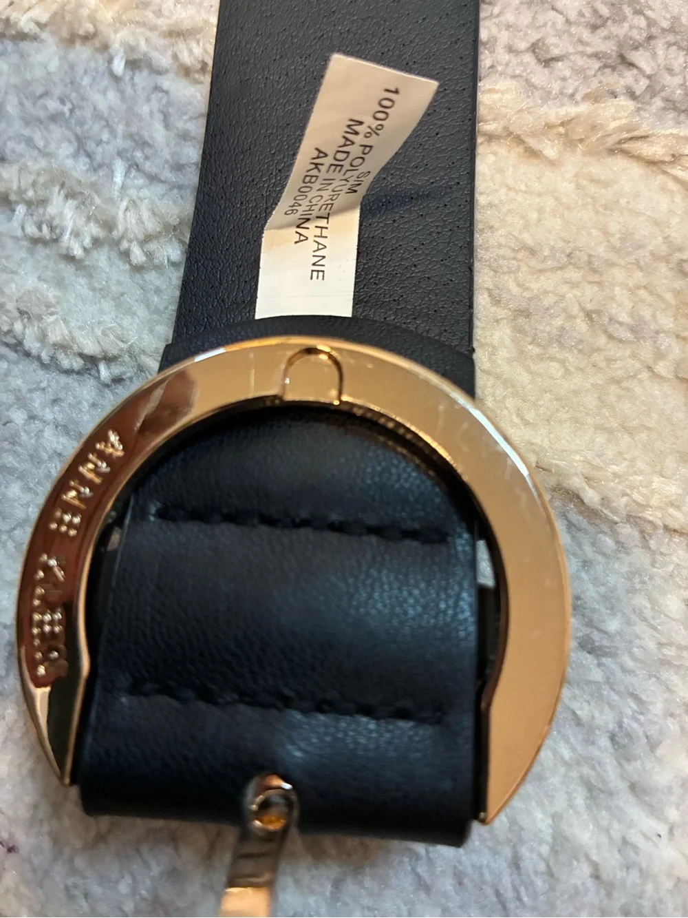 Anne Klein black polyurethane belt w/polished gold-tone round buckle NWOT